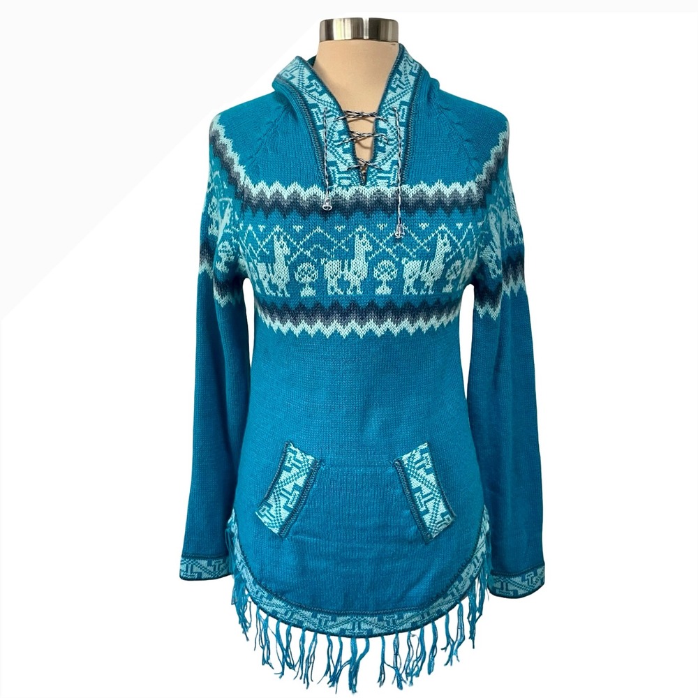 Piel Canela Llama Fair Isle Knit Hooded Sweater Turquoise Fringe Sz S Alpaca